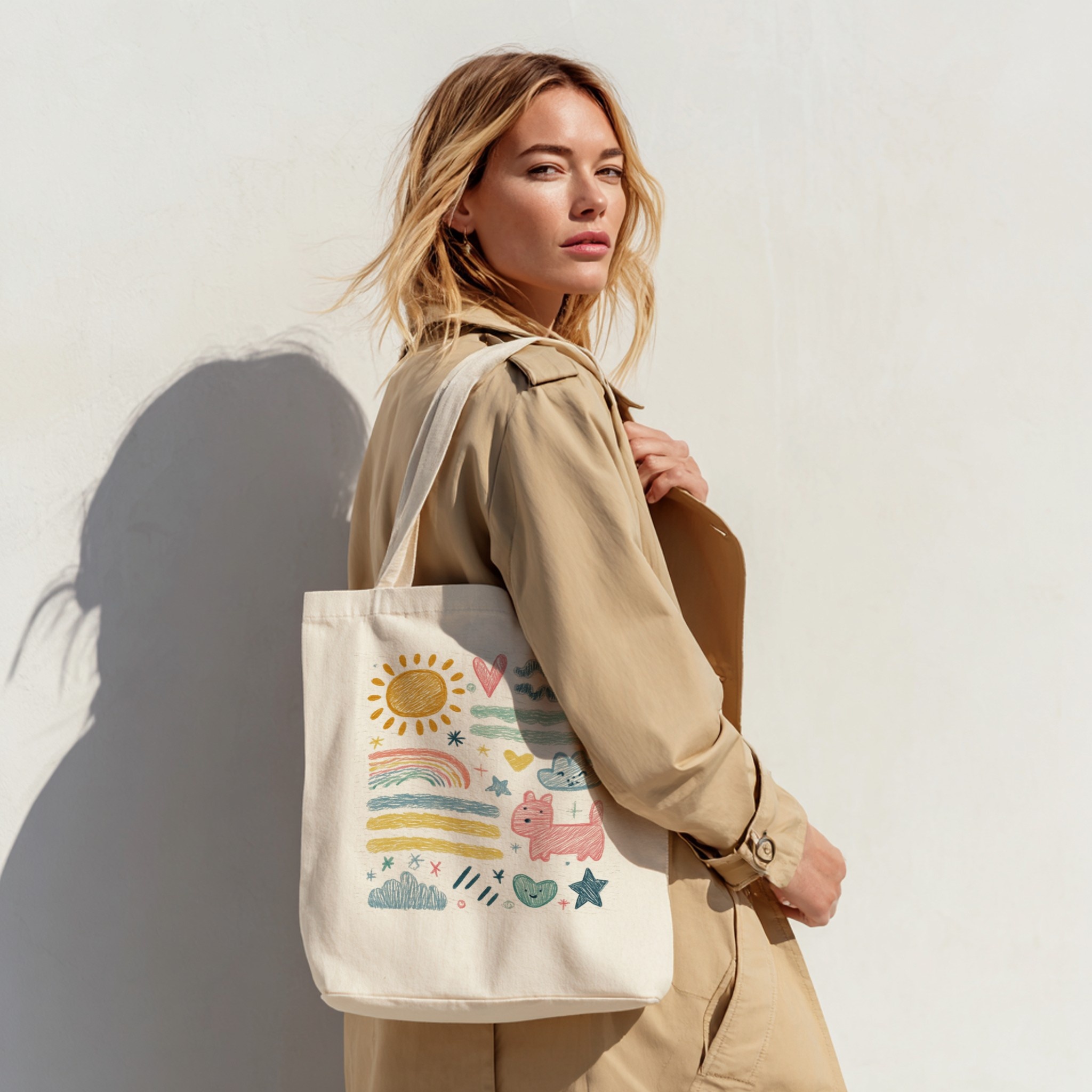 Custom printed tote bag, woman in beige coat lifestyle scene — Scaylr mockup