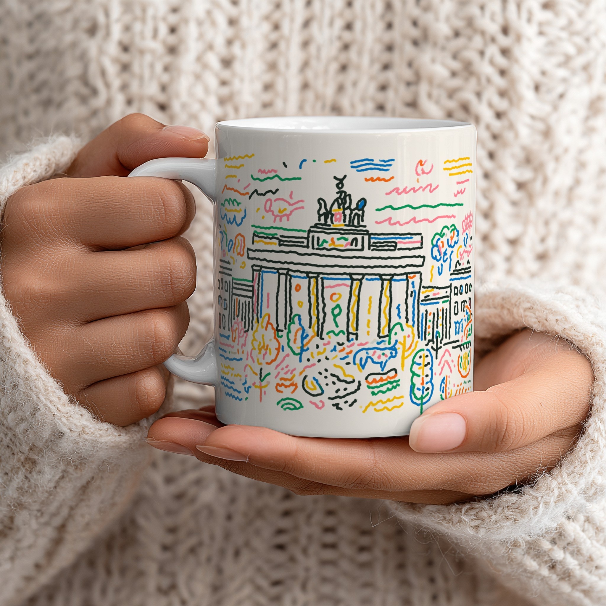 White mug with custom design held by woman — mockup example