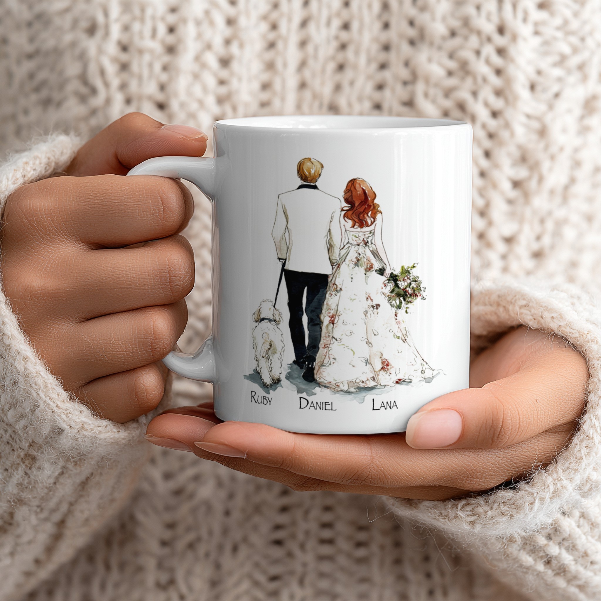 White coffee mug with print design in woman's hands — Scaylr mockup
