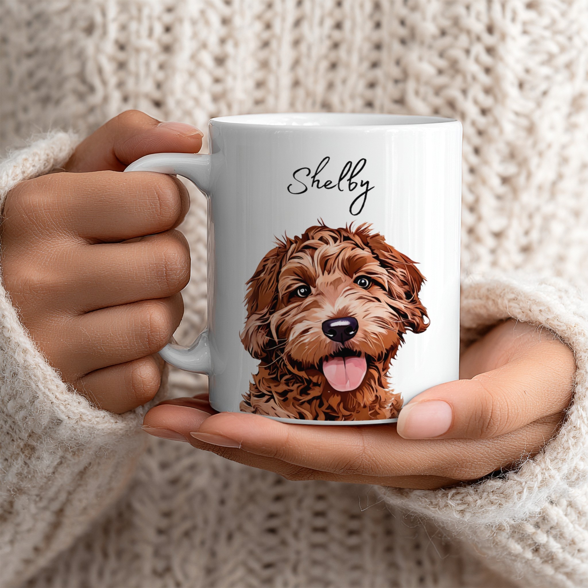 White Mug Mockup Held by Woman example