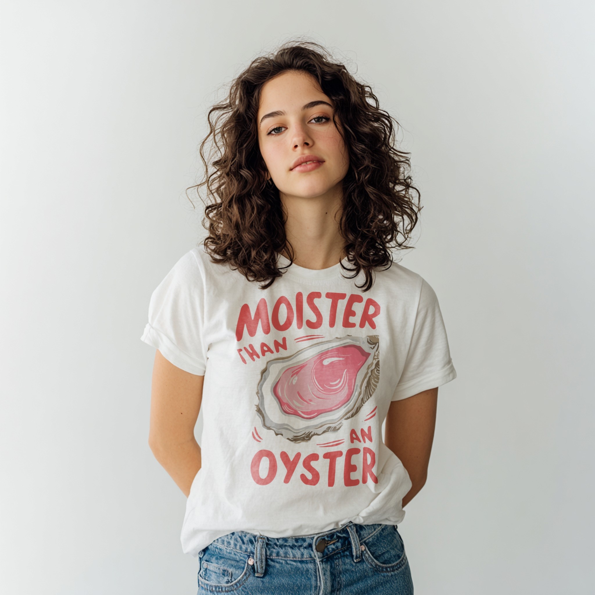 White T-Shirt Mockup on Woman in Studio example
