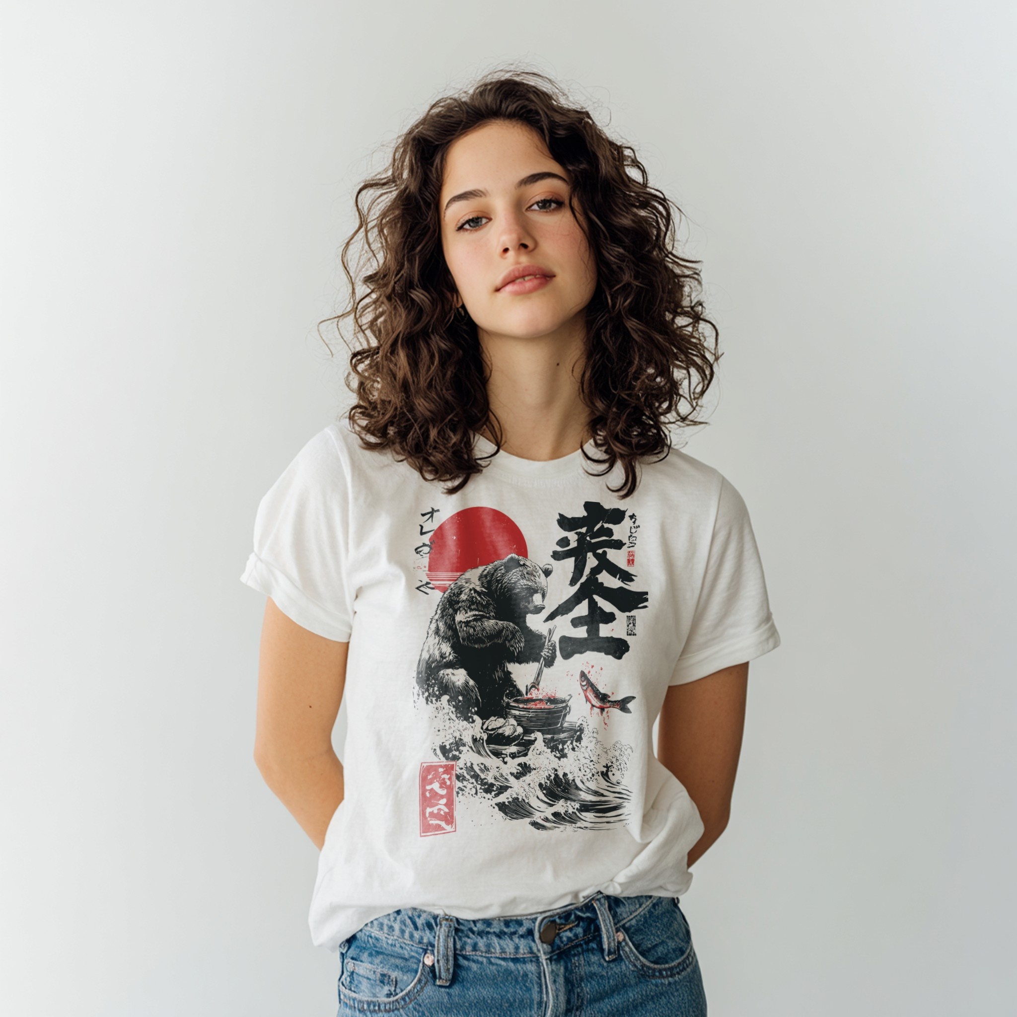 White t-shirt mockup on woman with illustrated design in studio