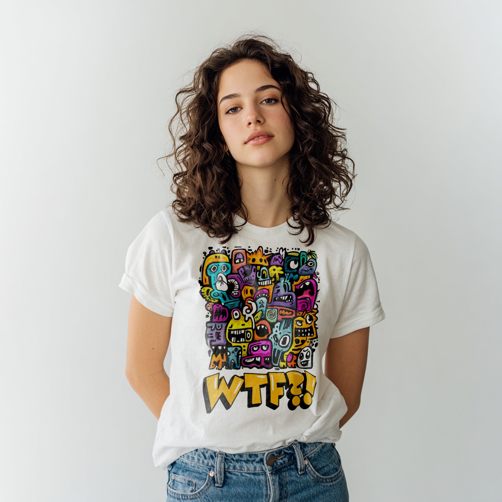 White t-shirt mockup on woman with bold typography in studio