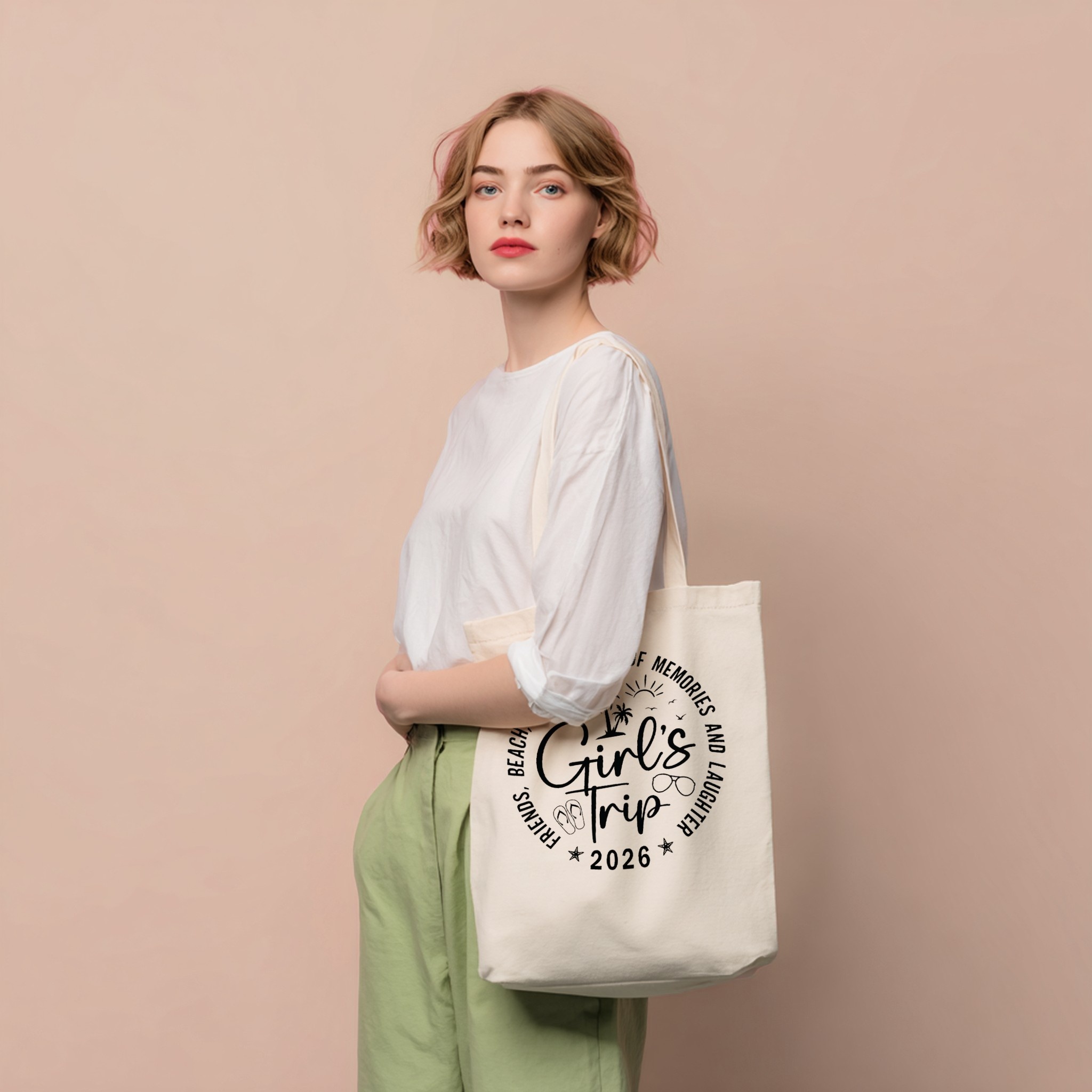 Tote bag with custom design on woman in studio — mockup example