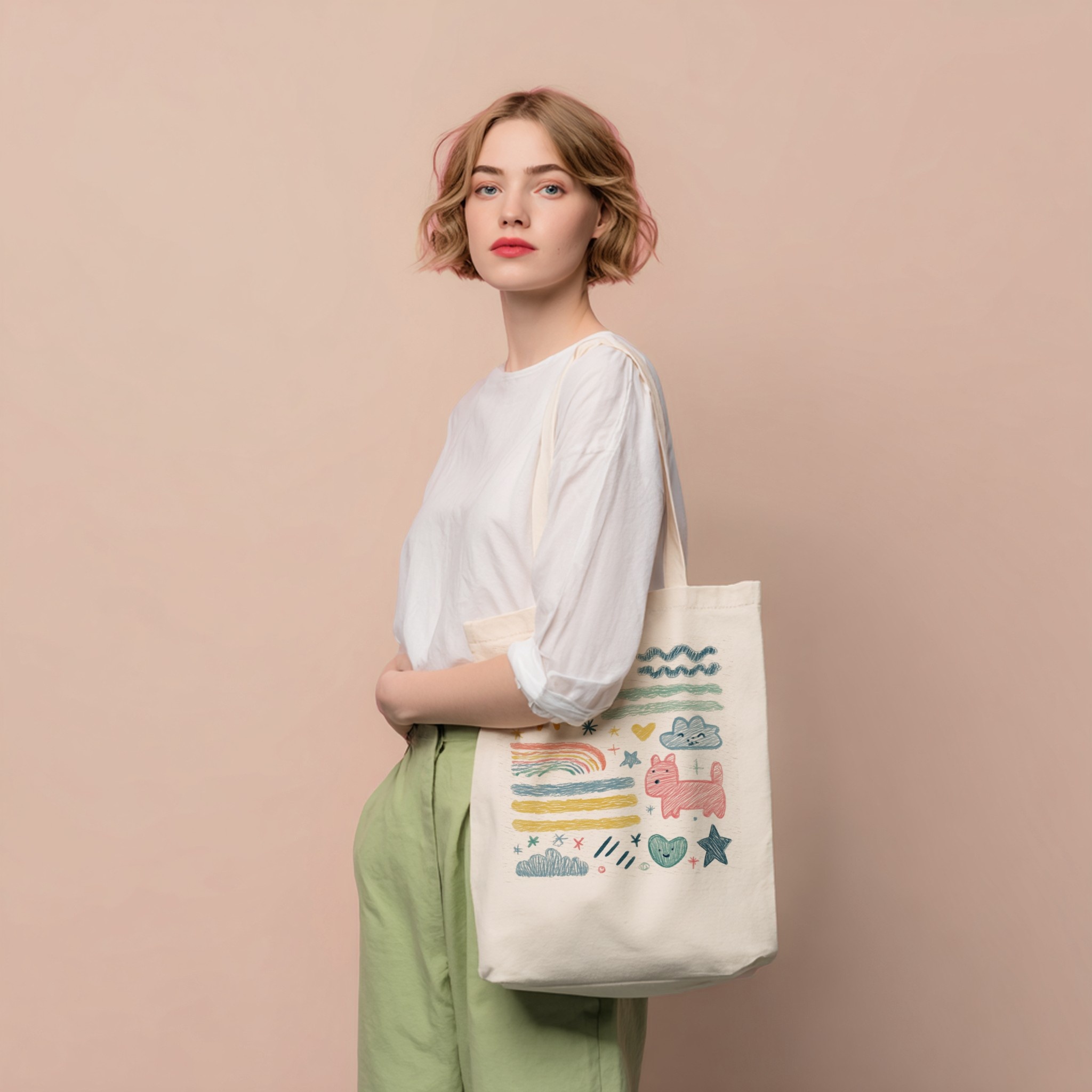 Custom printed tote bag on woman, clean studio setting — Scaylr mockup