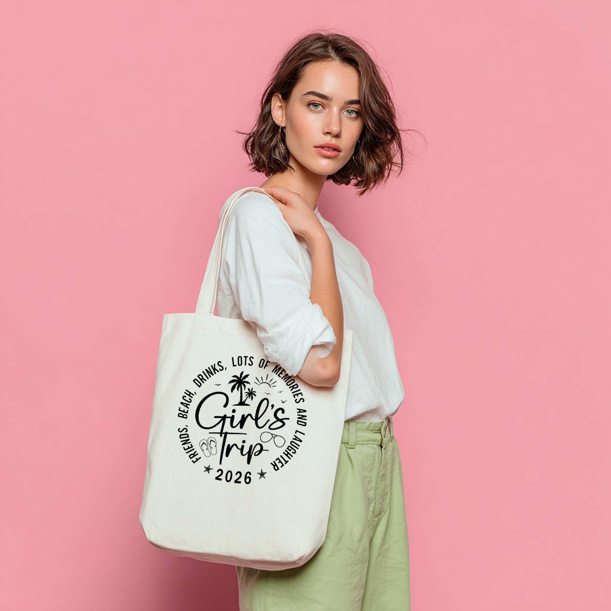 Tote bag with custom design on woman, pink background — mockup example