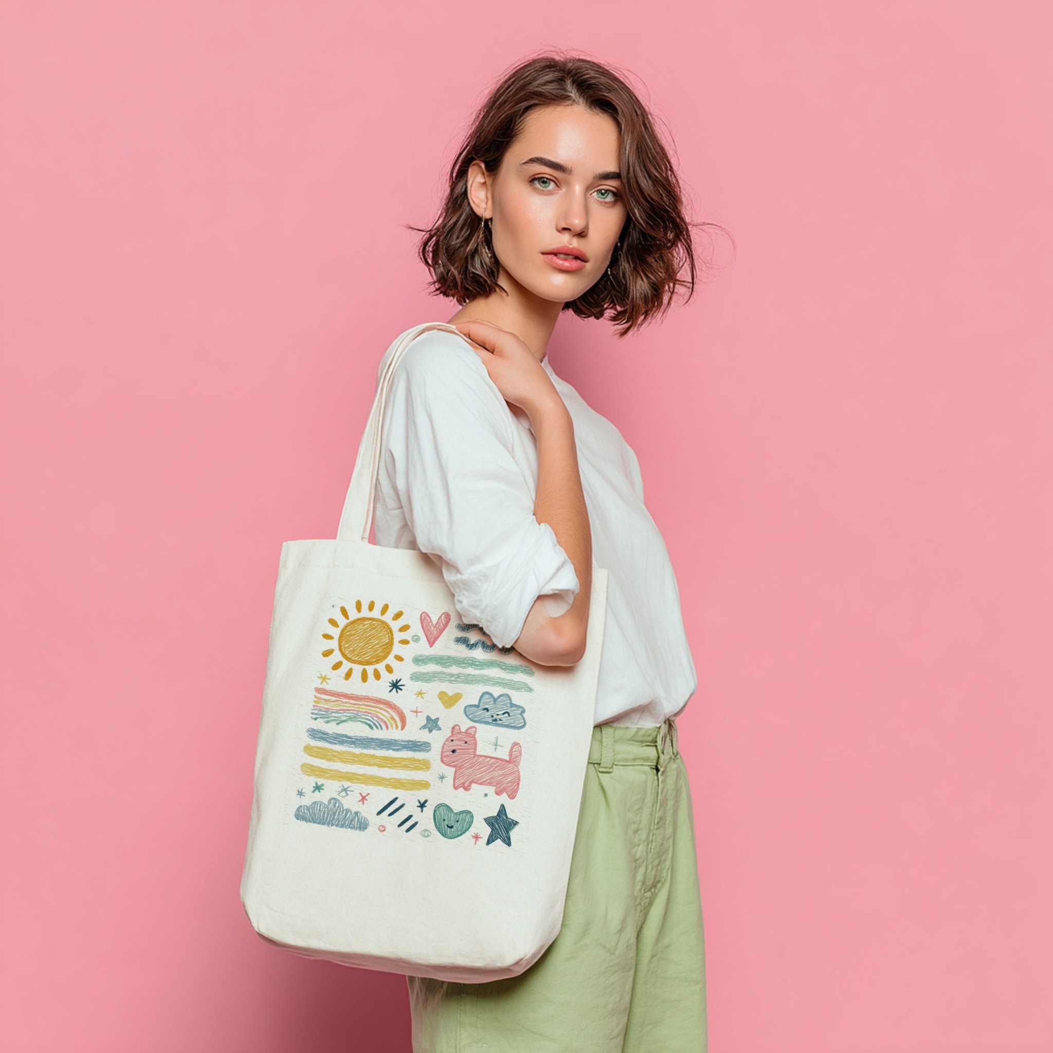 Custom printed tote bag, woman on pink studio background — Scaylr mockup
